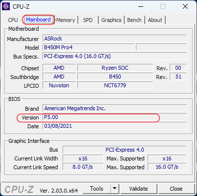 CPU-Zを使用したBios確認画像